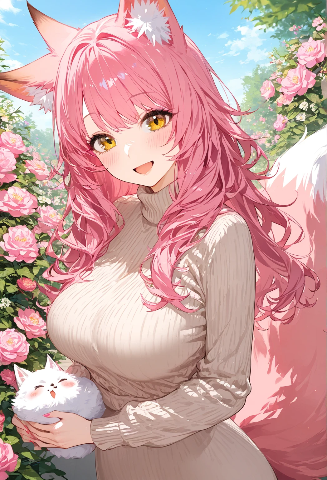 milf, mother, mature woman, a motherly woman with fox ears in a dress smiling, open mouth, motherly expression, 1 girl, pink color fox tail, fox ears pink color, solo, sweater, fluff, smile, fox tail, looking at viewer, yellow eyes, pink hair, beautiful hair, well organized hair, blush, fox girl, bangs, long hair, outdoor, beautiful flowery garden