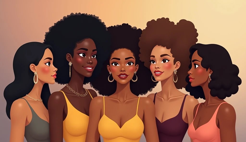 black women with different skin tones group of 5 friends all appear full body . animated cartoon