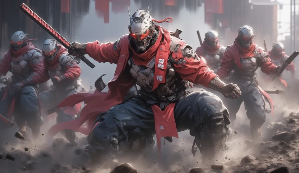 a masculine man with side shaved hair and wearing digital red glasses and cyberweres and armors, he fights in 3D motion perspective view, he is in rage and anger and shouts, he is in a spatial depth of field fighting stance holding a red cyber katana in her hand, the camera angle is slightly from bellow, 