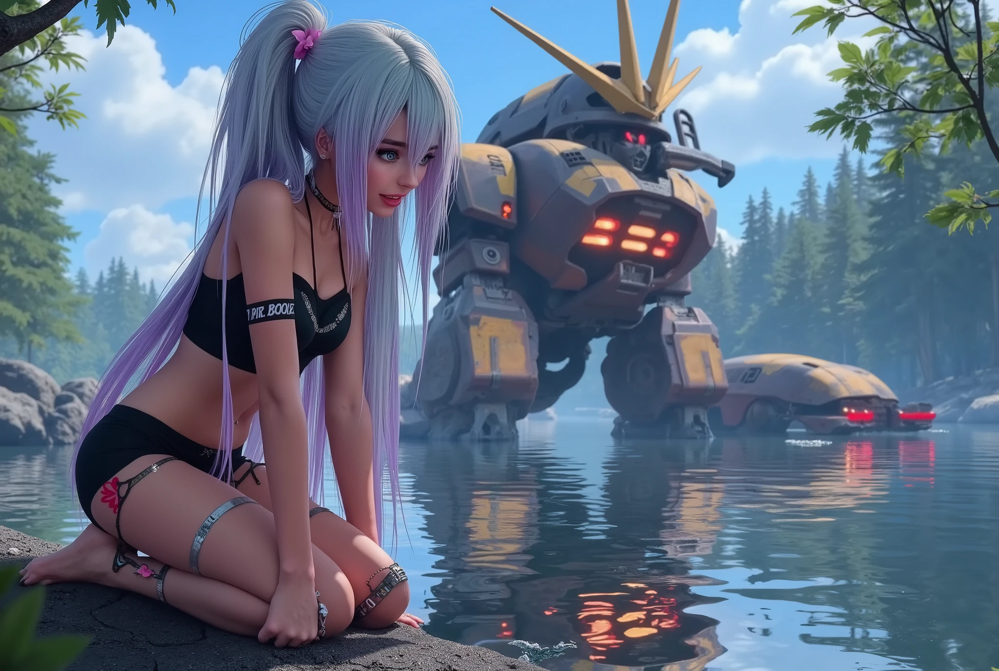(hyper realism)A cute woman (cybernetic data jacks, wires and cables, obvious backlit cyber eye, age 20, cute, sexy pilot bikini, long bright two color hair) knelling by a tranquil lake crying, her badly battle damaged (large bullet wounds in armor plates, internal sparking visible) gundam mecha is behind her, reflected in the tranquil water