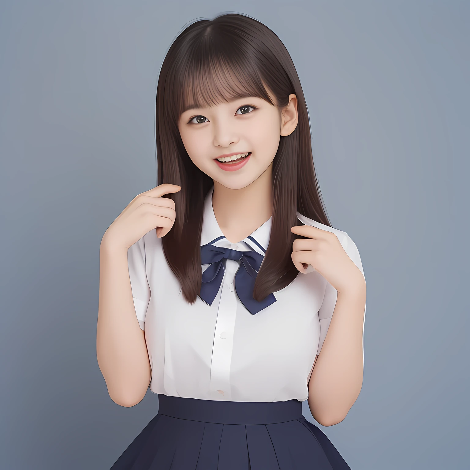 (Highest quality, masterpiece:1.2), Highest quality, High resolution, 1080P, 8k, (Two **** Japanese slender 清楚美少女アイドル are seated and give strong subliminal sexual invitation and temptation, undressing navy uniform, cute skirt with beautiful knees, looking at the viewer, can't stop showing cute smile open mouth because of feeling the viewer too ridiculous, very white-white face, very proud of her long straight black hair, using face-whitening cosmetics, **** 美少女's eyes, Small pupils, laughing giggling most open mouth, too expensive navy sailor-styled school uniform, well-straitened super-long well-trimmed long hair, evenly neatly trimmed girly cute bangs: 1.5), (Laughing blushed cheeks with dimples), (Well-balanced, impressive, very intelligent, double-eyelids, black shining large eyes of **** 美少女 with detailed: 1.5), ((Beautiful well-figured glossy opened laughing lips: 1.2)), (mature breast), (The viewer is forced to madly kiss her breast ribbon), (Very beautiful, super-glossy, cute neat black amazingly long hair, straight well-done long hair-style: 1.3), (plain blue background: 1.6), (((Completely balanced beautiful big cool eyes: 1.3))), (eyes, face and hair are especially beautifully detailed and beautifully drawn: 1.5), (She makes the viewer drink her love ribbon: 1.2), (the viewer become crazy and can't stop bursting and running every liquid to 清楚美少女, 美少女 is surprised : 1.7), (School uniform, too-cute slender 13歳 super-long-hair Japanese 美少女 idol twins are laughing at me and unties the breast button and make the viewer drink it: 2.0), (Super long hair super-beautiful 美少女 super-cute face navy-sailor-suit school-uniform pretty slender 美少女 of 美少女 photo magazine in the 1990s: 2.0), (Inevitable subliminal invitation and temptation force the viewer fall into eternal deep deep unreal pleasure of 清楚美少女の坩堝: 2.0)