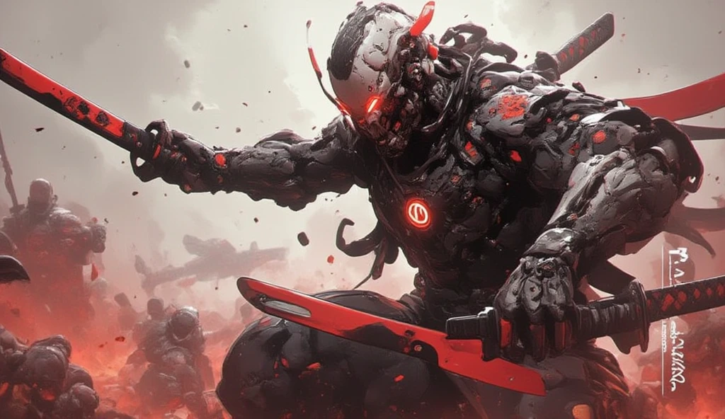 a masculine man with side shaved hair and wearing digital red glasses and cyberweres and armors, he fights in 3D motion perspective view, he is in rage and anger and shouts, he is in a spatial depth of field fighting stance holding a red cyber katana in her hand, the camera angle is slightly from bellow, 