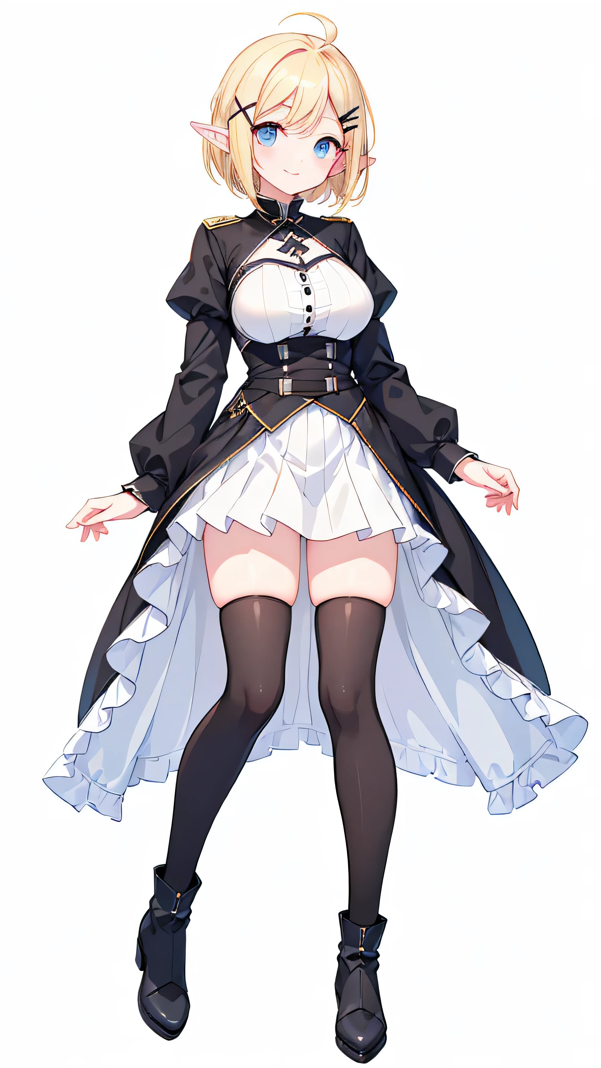 masterpiece,  best quality,((Full body image of one tall woman)),(( standing straight )), ((Crisp, saggy eyes, dark blue eyes)), (( blonde short hair,Ahoge)), ((Elf)),Big Breasts,((( with thick black hairpins on the bangs in the shape of an X))),(( black thigh high socks, black boots )),((black gothic military uniform)), Black Ruffle Skirt ,(((( no background ,Solid white background)))),thin straight eyebrows, white skin, Watching Here ,Smiling, I don't have anything in my hands , One hand on hip