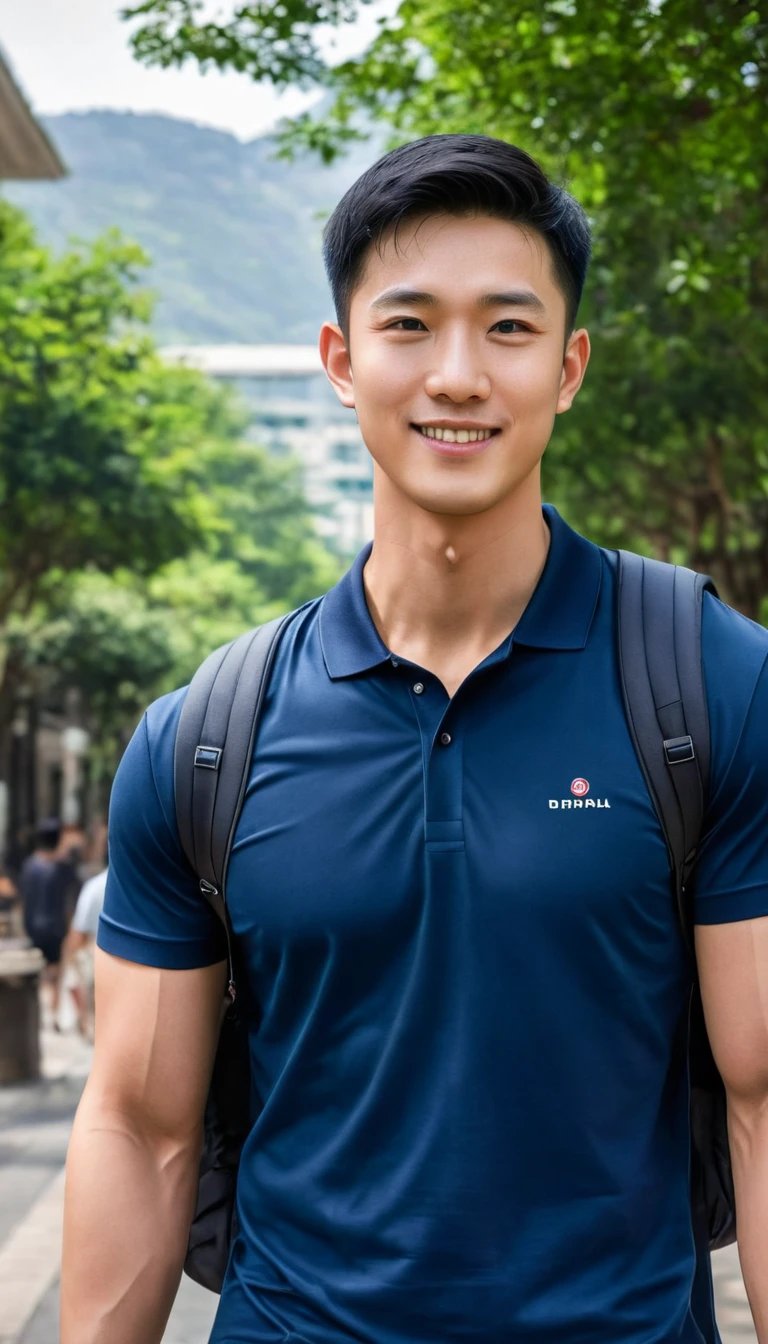 1boy, orimale ,Orimura, black_eyes, black_hair, male_focus, realistic ,  bright eyes  ,Smiling with white teeth, pretty neat, Buzz Cut Drop Fade , Handsome Chinese Man with a Little Mustache , is muscular ,blood vessel,Broad shoulders, Wear a navy polo shirt with short sleeves without a logo and jeans, (Backpack:1.2)