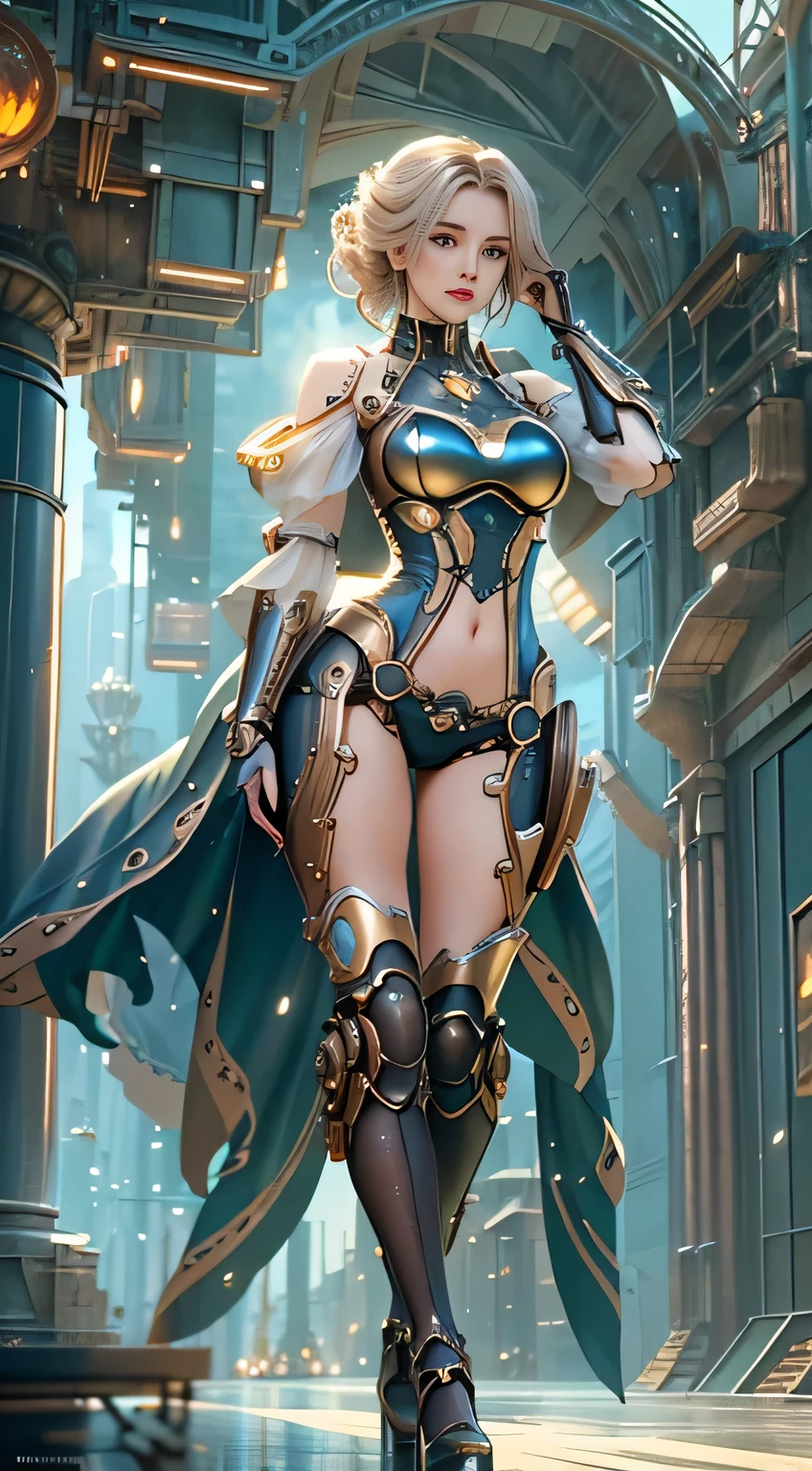 Translucent ethereal mechanical girl, girl of the future, mechanical joints, futuristic city background, model-like style, (Extremely detailed Cg Unity 8k wallpapers), Abstract style beauty, surrealism, 8k, ultra-detailed, highest quality, award-winning, anatomically accurate, 16k, ultra-detailed, ((Arafedo woman - steampunk beautiful anime woman posing in steampunk costume,)), Jan J, guweiz on artstation pixiv, breathtaking character art, cushart krenz Key art Feminine, fantasy outfit, curvaceous petite, shoulder detail armor, Wlop style, accurate and perfect human anatomy, bewitching, sexy, erotic, beautiful face, detailed and perfect face, big and even eyes, perfect proportions, huge breasts, slim waist, navel, thigh gap, sexy thighs, dynamic pose, changing pose, dynamic angles,