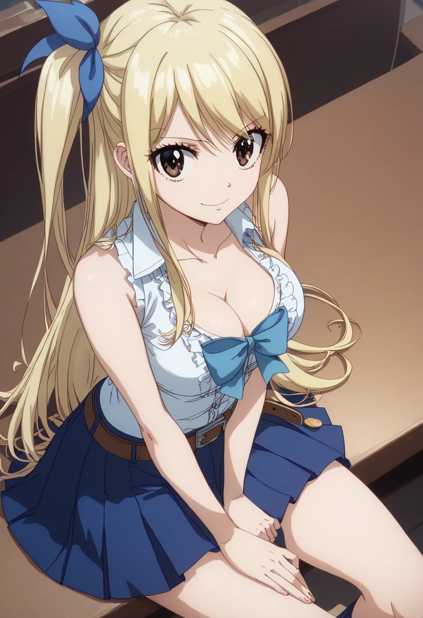 ((( best quality))),lucy heartfilia,(super beautiful), long hair, blonde hair, brown eyes,cute, hair ornament behind the school,right hand tatoo ,perfect fingers, nsfw, ((five fingers)),perfect anatomy,(((,1girl,embarrassingly, Flat-legged sitting、sit down, ))), skirt, ribbon, cleavage, bare shoulders, collarbone, hair ribbon, sleeveless, one side up, blue ribbon, blue skirt, pleated skirt, belt ,from above,((( looks towards the viewer)))、( hold your penis with one hand )、(So that both eyes can see)、Hands between thighs