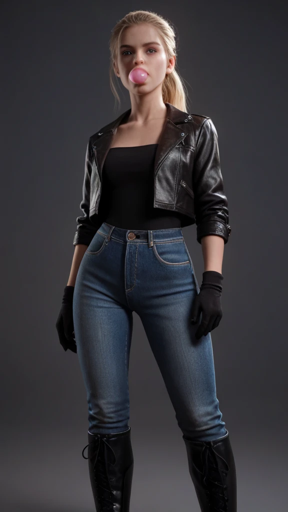Masterpiece, stunning realistic, best quality, sharpness,1 girl,Sims CAS Concept Lora,standing,full body,blonde long hair,straight hair,blue eyes,open leather jacket,cute bra under the jacket,leather pants