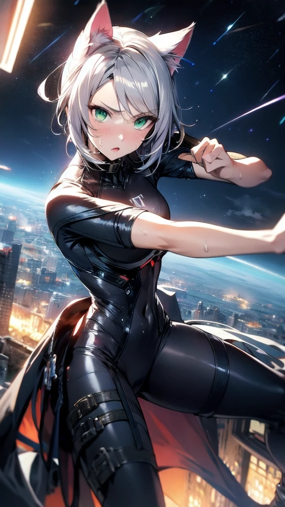 prompts A silver-haired beautiful girl with cat ears eyes are green hair is silver and long clothes: a form-fitting black combat suit The fist is an afterimage The background is a city at night her is in a cat-like fighting pose The year is 14 years monitor, Dark Night, Sweat, Steam of Exhalation, Space, Battle, Dynamic Angle one girl