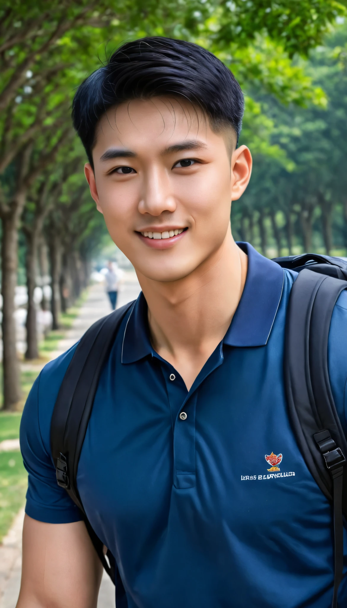 1boy, orimale ,Orimura, black_eyes, black_hair, male_focus, realistic ,  bright eyes  ,Smiling with white teeth, pretty neat, Buzz Cut Drop Fade , Handsome Chinese Man with a Little Mustache , is muscular ,blood vessel,Broad shoulders, Wear a navy polo shirt with short sleeves without a logo and jeans, (Backpack:1.2)