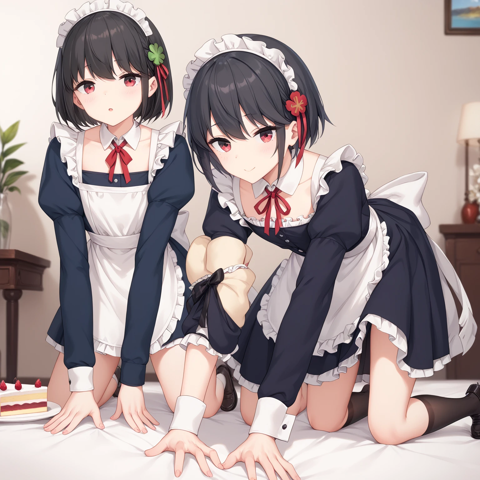  (8k), (   very detailed), (    best illustration   ), Cafe。    two girls。  maid outfit  。.  flat chested。  short hair on the side of her uniform 。   big red ribbon barrette。 four-leaf clover in hair 。adult。  black hair。Island Rin,Bring me a cake  、 skirt flip finger insertion in vagina 。 on all fours