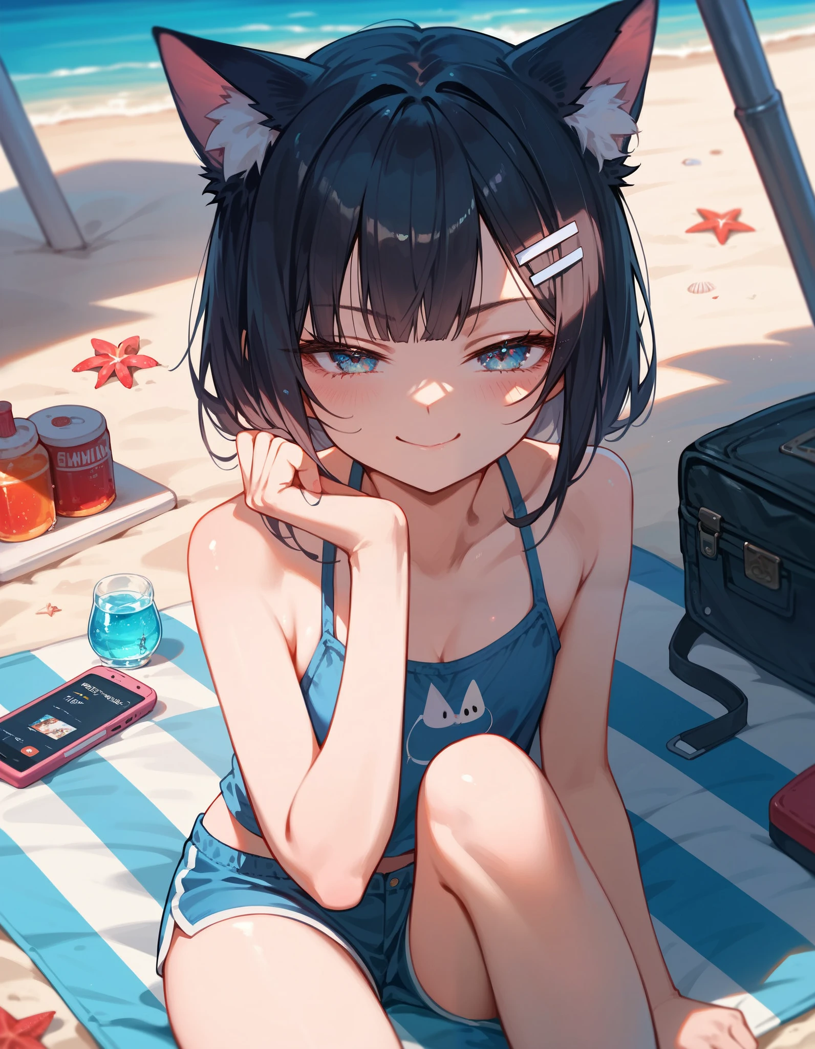 Young looking girl、under 、She was wearing no clothes, underwear, or swimsuit.、Cute pose。
Appearance、Raccoon ears on head、Layered bob hairstyle、Hair color is navy、Dark blue eyes、Collar with blue ribbon、A raccoon's tail coming out of his ass、A moderately plump body type、A cute atmosphere。
The background is a tropical beach resort bedroom、A view of a tropical beach with palm trees from the large window at the back。
Composition that enters the whole body、Moe drawings using pen and watercolor。