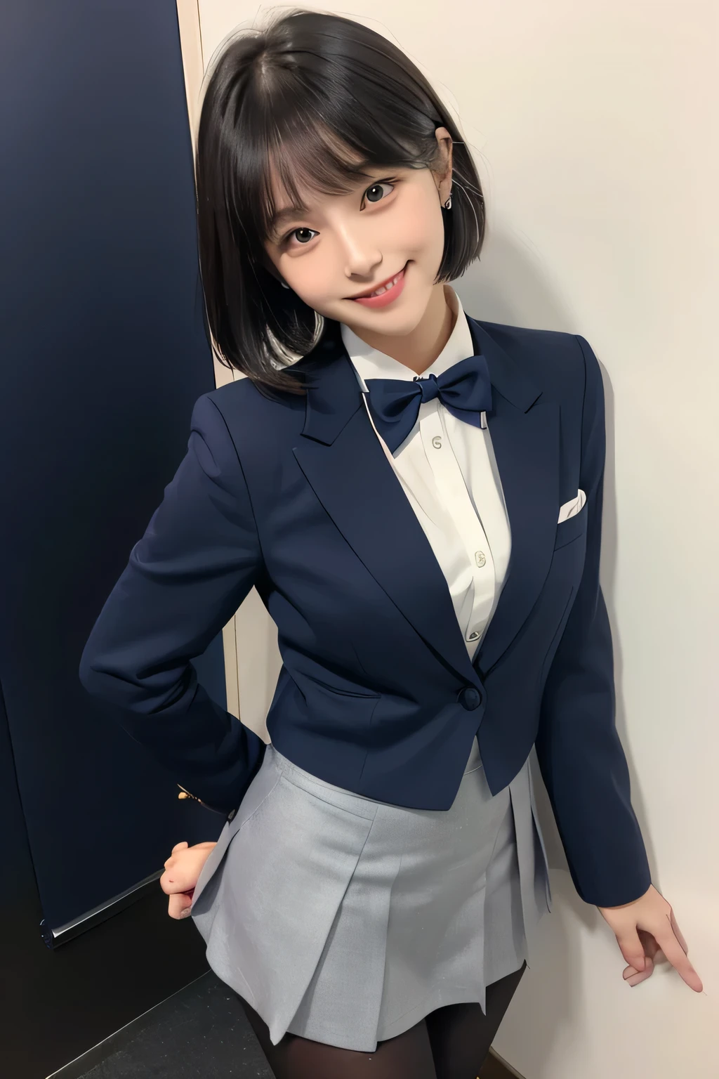 Navy Blue Blazer、(( Hides below the knee with a navy blue tight skirt))、White blouse、((navy blue plain large bow tie))、((( black pantyhose)))、(( black loafers))、(( full body photo standing up to his feet))、Cute high school girls、Height: 160cm、 smile like an idol 、 smiling and smiling、 professional writing、((Photo studio with plain wall background))、(( Max Image)),((Beautiful double eyelids ))、（ long lashes）、(( The blazer and skirt are the same navy blue and the material are the same ))、((Dark brown, glossy hair ))、((Model Face Change ))、(( Ribbon Design Change))、((No handkerchief))、((silver cherry pin badge on collar))、Belly short hair fluttering in the wind、((silver cherry pin badge on collar))、G-Cup、(( best smile))、As cute as a popular idol