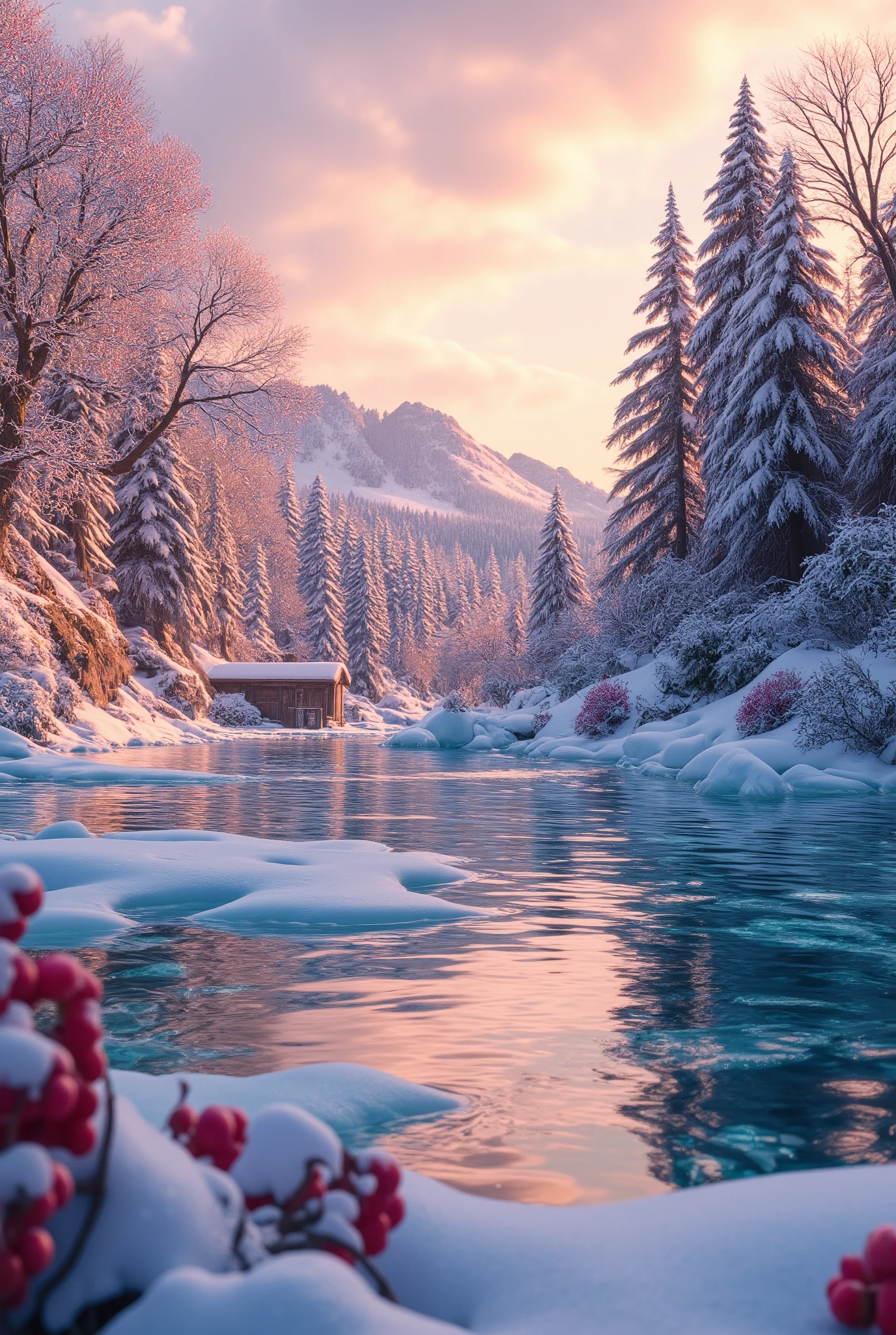 A serene and tranquil winter lake enhanced with vibrant winter colors while maintaining a peaceful atmosphere. The lake's surface is partially frozen with icy patterns in soft teal and pale blue hues, blending into reflective open water. The surrounding snow-covered trees include evergreens dusted with frost, and vibrant red winter berries peek through shrubs along the shore. The sky is a gradient of soft pink, lavender, and pale orange, evoking the beauty of a winter sunrise. Warm golden sunlight filters gently through the trees, casting subtle shadows and reflections on the frozen and open water. The scene captures a harmonious blend of vivid winter colors and serene tranquility in a photorealistic style.