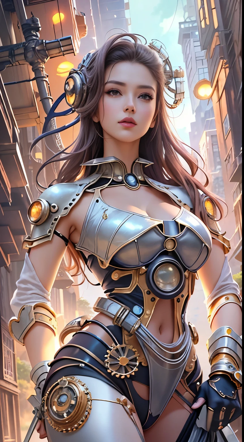 Translucent ethereal mechanical girl, girl of the future, mechanical joints, futuristic city background, model-like style, (Extremely detailed Cg Unity 8k wallpapers), Abstract style beauty, surrealism, 8k, ultra-detailed, highest quality, award-winning, anatomically accurate, 16k, ultra-detailed, ((Arafedo woman - steampunk beautiful anime woman posing in steampunk costume,)), Jan J, guweiz on artstation pixiv, breathtaking character art, cushart krenz Key art Feminine, fantasy outfit, curvaceous petite, shoulder detail armor, Wlop style, accurate and perfect human anatomy, bewitching, sexy, erotic, beautiful face, detailed and perfect face, big and even eyes, perfect proportions, huge breasts, slim waist, navel, thigh gap, sexy thighs, dynamic pose, changing pose, dynamic angles,