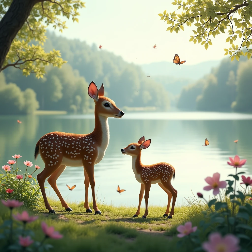 Realistic, theme is "Tranquil Lake", spring comes to the spacious lake, butterflies flutter and small birds gather, flowers bloom on the lakeside, and a peaceful landscape spreads out, a mother deer and her baby fawn stand by the lakeside, the baby fawn's cute behavior is impressive, focusing on the mother and baby deer, sophisticated design, advanced lighting technology, real-life photo 8K quality