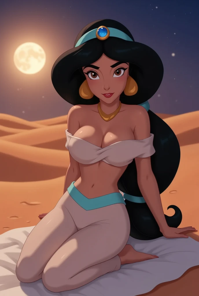 Princess Jasmine, jasmine, Disney Characters, best quality, (masterpiece:1.2), high quality, Highres, (hyper detailed), (portrait), photorealistic, 4K, ultra HD, insanely detailed and intricate, (beautiful detailed face and eyes:1.2), 1girl, solo, dark skin, brown eyes, detailed hair, long hair, parted bangs circlet, black hair, (Arabian clothes), bandeau, bare shoulders, off shoulder, crop top, cleavage, midriff, navel, pants, jewelry, earrings, necklace, high resolution, HDR, extremely detailed CG, f 2.8 lens, (beautiful detailed background), detailed landscape, (full moon), moonlight, (desert), soft shaded, light sparkles, starry sky, cloudless sky, (looking afar), sitting, (dynamic pose:1.2), smile, (cowboy shot:1.2),