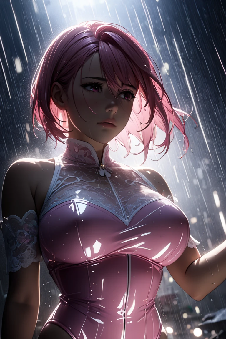 {{Masterpiece}}, top quality, high definition CG Unity 8K wallpaper, cinematic lighting, lens flare, beautiful details, rain, glare, particles, (white :1.5), shiratori aira, beautiful woman, asymmetrical left-plump short hair, sad expression, sleek hair, auburn hair, pink hair , pink eyes, all lace leotard transparent in rain, big tits, cowboy shot, low angle