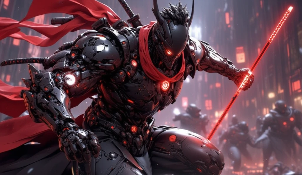 a masculine man with side shaved hair and wearing digital red glasses and cyberweres and armors, he fights in 3D motion perspective view, he is in rage and anger and shouts, he is in a spatial depth of field fighting stance holding a red cyber katana in her hand, the camera angle is slightly from bellow, 