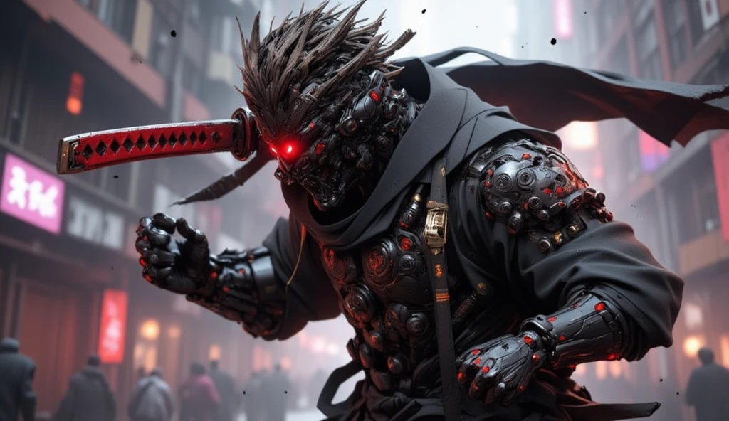 a masculine man with side shaved hair and wearing digital red glasses and cyberweres and armors, he fights in 3D motion perspective view, he is in rage and anger and shouts, he is in a spatial depth of field fighting stance holding a red cyber katana in her hand, the camera angle is slightly from bellow, 