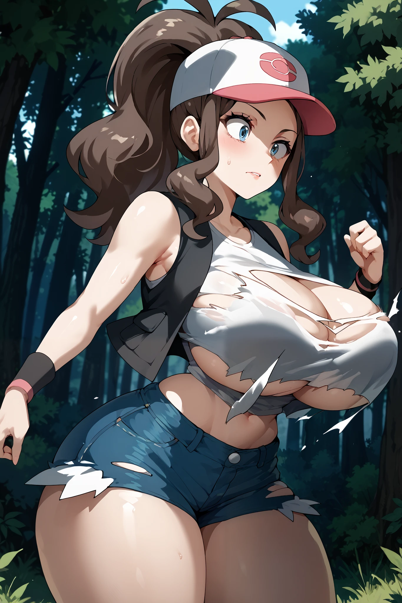 1girl, hyper breasts, large hips, small waist, large thighs, pokemonhilda, blue eyes, brown hair, long hair, ponytail, baseball cap, blue shorts, denim, hat, shorts, vest, wristband, sleeveless, black vest, white shirt, shirt, ((outdoors, forest)), ((breast expansion:1.2)), shiburstbreast, bursting breasts, torn clothes, wardrobe malfunction, bouncing breasts, unaligned breasts, exploding clothes, torn shorts, thick thighs