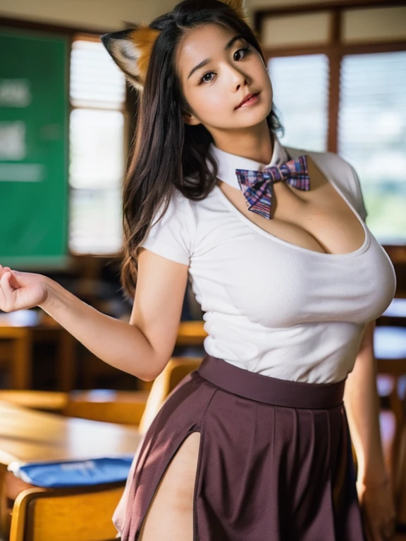 (( best quality, 8k)), ((masterpiece)), ( highest resolution),  perfect face, Woman with fox ears, Woman with a tail,  beautiful woman, She's a college student , Filmed in a classroom, Only one tail, She has thick thighs, Her big fox tail ,  her fox tail is visible , She wags her tail,  she's wearing a bow tie , She is wearing a school uniform skirt,  Big Breasts ,  big hips, There is 1 tail growing on her butt ,  her fox tail is sticking out, Her tail is brown,  Sexy Face