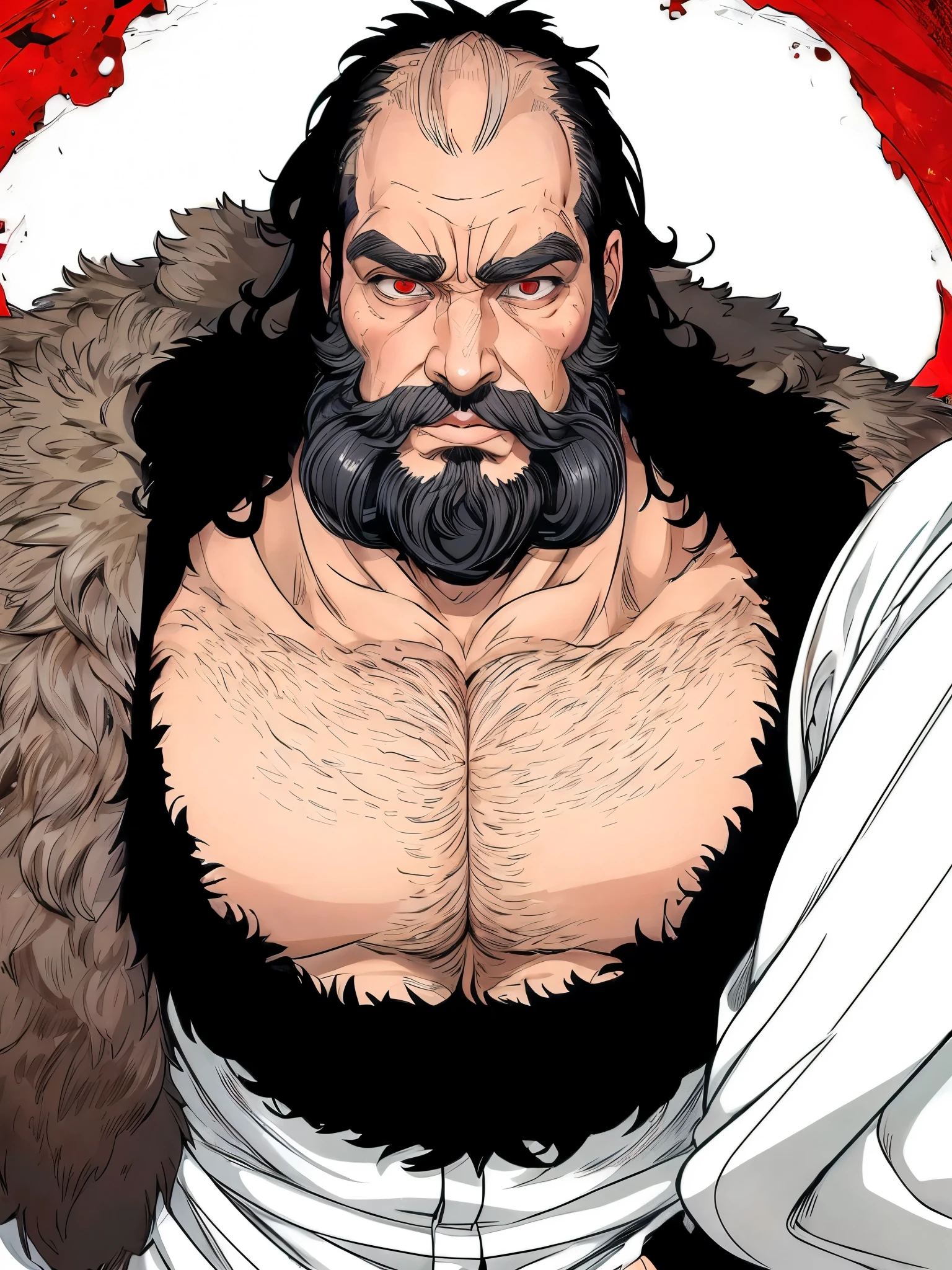 ichibe hyosube, bald, long black beard(full black), big beard(black color), thick eyebrows, mature man, handsome, corpulent, stronger man, muscle,  hairy arms, white pants, intense eyes, bright red eyes, thick nose. 
