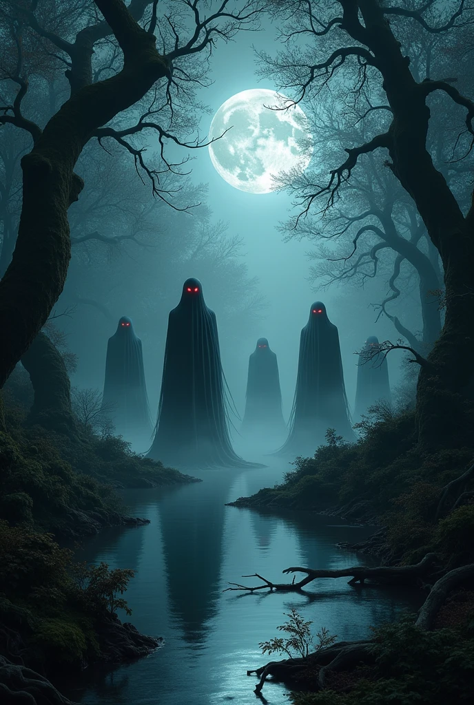 Create a dark scene with colors: green water, dark blue, pastel blue, roxo e vermelho com uma borda no tom dark blue e listras em um tom de azul mais claro, with some symbols that refer to vampires and dark objects and that attract attention 