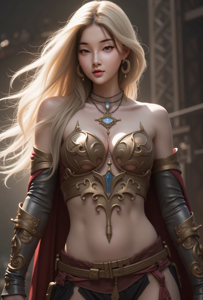 Blonde haired woman with braids, (medieval punk green neckline armor). Bright chrome gold lingerie with sharp reflections. Gems. Bare shoulders. (tiara). Low muscle definition. Beautiful legs. Bare shoulders visible. Detailed lighting. Artwork. Extreme beauty. Clothing with intense colored gradient effect. Professional image with high saturation. Professional camera. Illustration. Vibrant colors. vibrant yellow eyes, thin, fur cape, bright golden eyes, symmetry, intense look, black details on clothes, golden aura