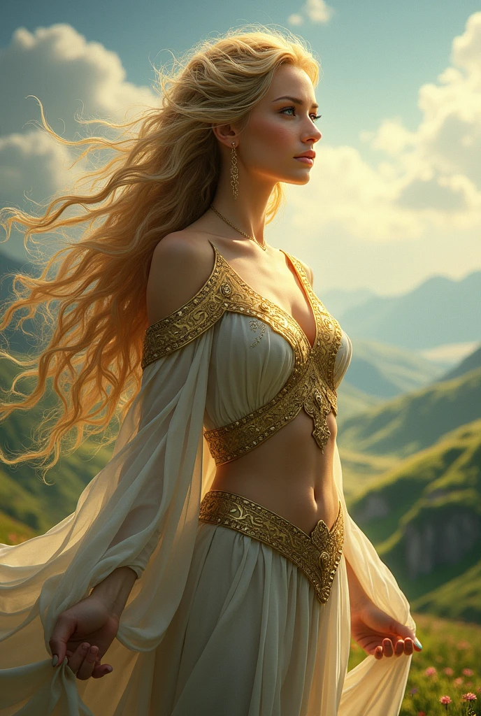 a radiant fantasy landscape, a girl in the center, beautiful detailed eyes, beautiful detailed lips, extremely detailed face, long eyelashes, ornate golden crown, intricate golden jewelry, flowing dress, ethereal glowing aura, sunbeams shining through clouds, vivid colors, dramatic lighting, dramatic cinematic composition, photorealistic, highly detailed, 8k, best quality, masterpiece