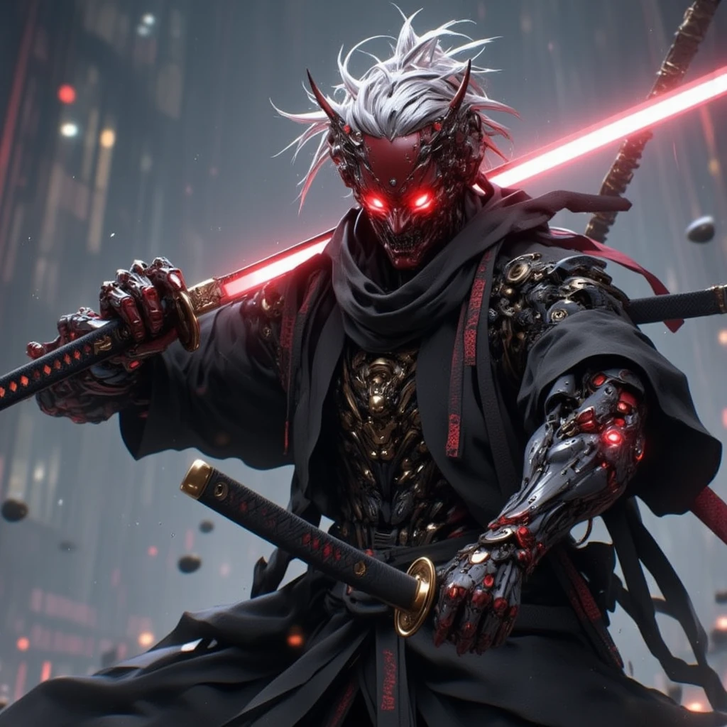 a masculine man with side shaved hair and wearing digital red glasses and cyberweres and armors, he fights in 3D motion perspective view, he is in rage and anger and shouts, he is in a spatial depth of field fighting stance holding a red cyber katana in her hand, the camera angle is slightly from bellow, 