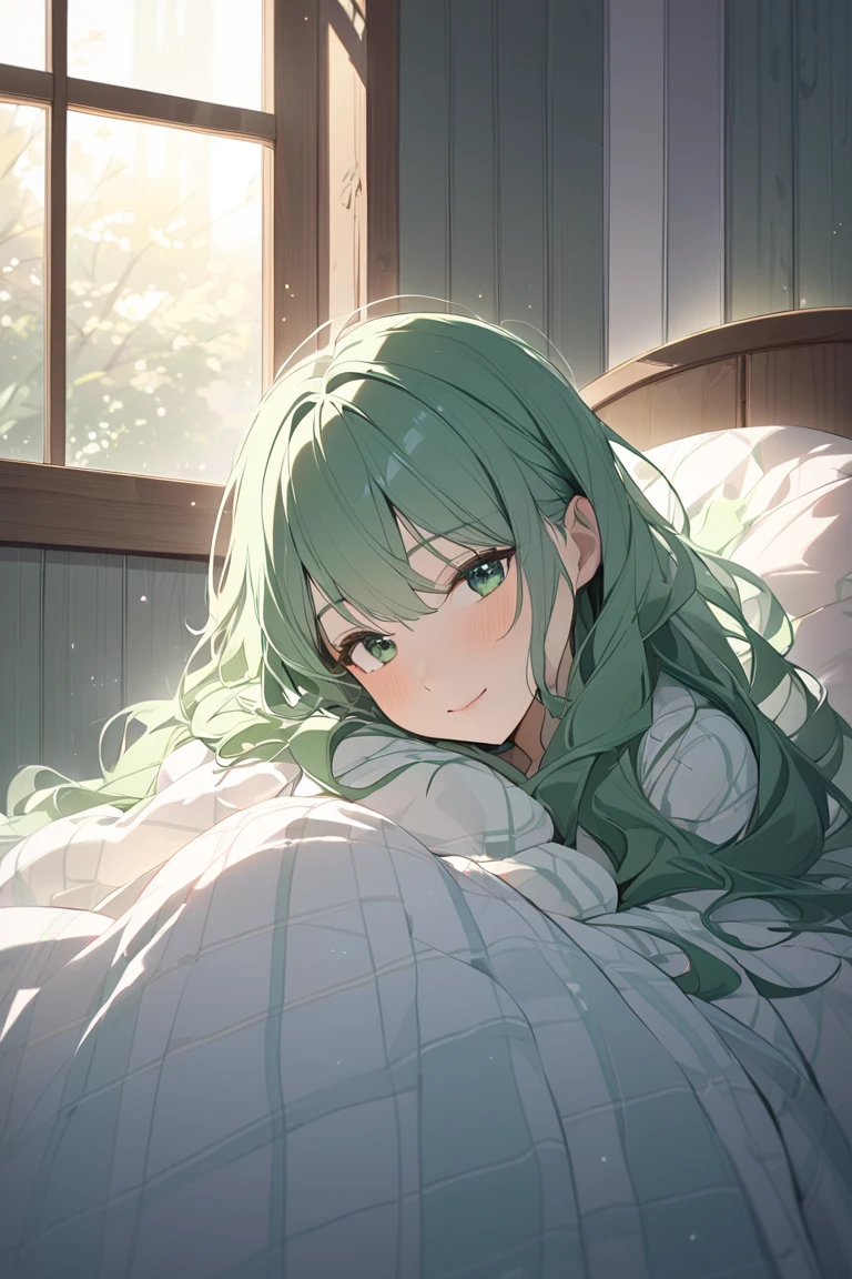 (night sleep style) (in a cute negligee) (solo:2 straight green hair long hair lovely girl, love happy sleeping eyes, love sleeping,15 yo), break, (in deep night, in the hospital bedroom), BREAK, perfect ???????, masterpiece, best quality, 16k, beautiful detailed darkness, daydreaming expression