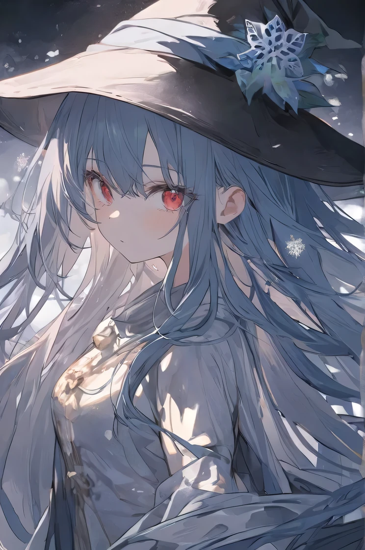 ，  Top quality  ，  Best Quality ，  Official Art  , beautiful, And pick   ， Very Detailed （Fractional art 1 .2），most detailed，  a girl ，  expressionless faces  ， Dark blue long hair   ， wearing a wizard hat，  dark red eyes  ，  attractive expressions ,  part of the drawing beyond the background frame,   Very Detailed  ,   high detail  , High Cool Girl ， Faint Color ， Gentle Eye,  Light Blush, Contemplative， tall girl，snowflakes falling