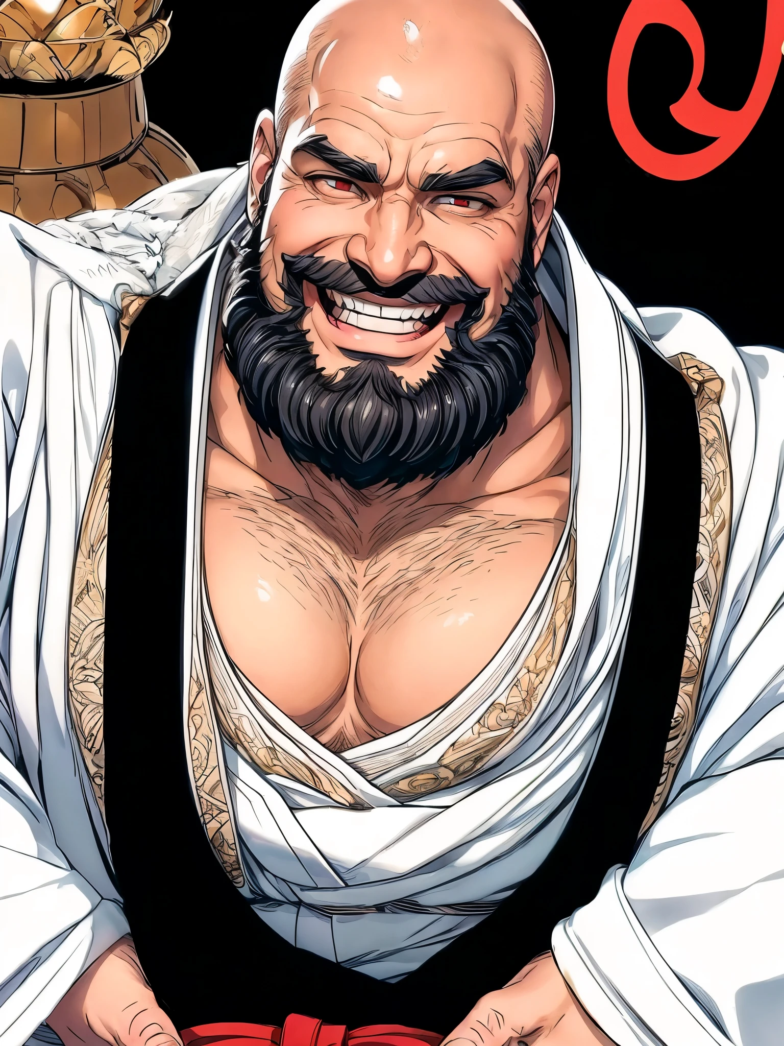 ichibe hyosube, bald, long black beard(full black), big beard(black color), thick eyebrows, mature man, handsome, corpulent, stronger man, muscle, intense smile(laughing), hairy arms, white pants, intense eyes, bright red eyes, thick nose. Traditional japanese clothes.