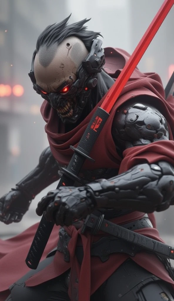 a masculine man with side shaved hair and wearing digital red glasses and cyberweres and armors, he fights in 3D motion perspective view, he is in rage and anger and shouts, he is in a spatial depth of field fighting stance holding a red cyber katana in her hand, the camera angle is slightly from bellow, 