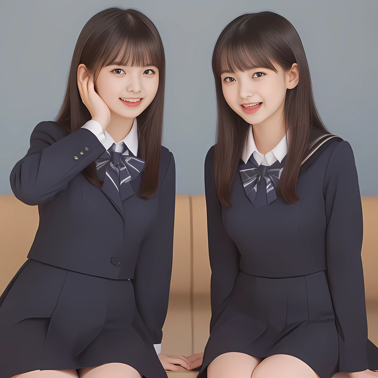 (Highest quality, masterpiece:1.2), Highest quality, High resolution, 1080P, 8k, (Two **** Japanese slender 清楚美少女アイドル are seated and give strong subliminal sexual invitation and temptation, undressing navy uniform, cute skirt with beautiful knees, looking at the viewer, can't stop showing cute smile open mouth because of feeling the viewer too ridiculous, very white-white face, very proud of her long straight black hair, using face-whitening cosmetics, **** girly eyes, Small pupils, laughing giggling most open mouth, too expensive navy sailor-styled school uniform, well-straitened super-long well-trimmed long hair, evenly neatly trimmed girly cute bangs: 1.5), (Laughing blushed cheeks with dimples), (Well-balanced, impressive, very intelligent, double-eyelids, black shining large eyes of **** 美少女 with detailed: 1.5), ((Beautiful well-figured glossy opened laughing lips: 1.2)), (mature breast), (The viewer is forced to madly kiss her breast ribbon), (Very beautiful, super-glossy, cute neat black amazingly long hair, straight well-done long hair-style: 1.3), (plain blue background: 1.6), (((Completely balanced beautiful big cool eyes: 1.3))), (eyes, face and hair are especially beautifully detailed and beautifully drawn: 1.5), (School uniform, too-cute slender 13歳 super-long-hair Japanese girly girl idol twins are laughing at me and unties the breast button and make the viewer drink it: 2.0), (Super long hair super-beautiful 美少女 super-pretty face navy-sailor-suit school-uniform too-cute slender 美少女 of 美少女 photo magazine: 2.0)