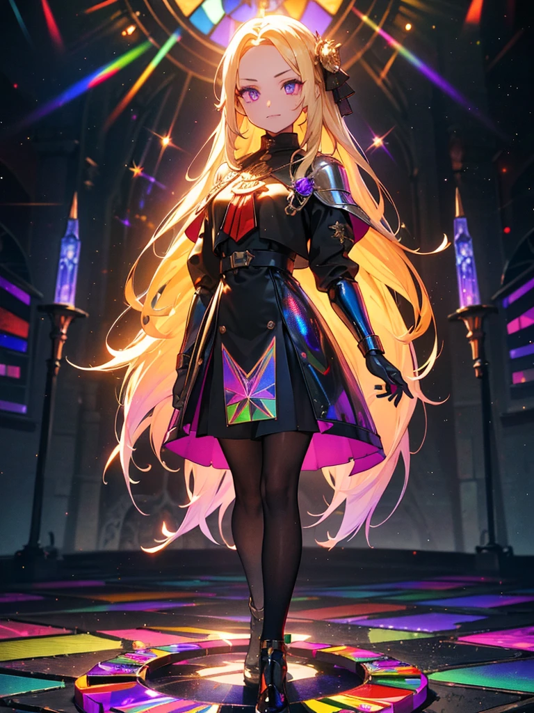 A girl offering a prayer、The background is a sunset sunset 、 medieval cityscape with basket、Inside the kaleidoscope、 Stained Glass Background 、Legendary Scenery 、 Mythical Scenery Unfolds、The cathedral shines brightly、red and green contrast 、Path of Light、 Edelgard in black armor, wearing black tights ,((  Holographic  )), （I can see the fangs、Double teeth、 wore black tights  ( transparent PVC clothing , transparent colored vinyl clothing , : 1.2。prism, Holographic , Color Difference, fashion illustration), （Mean face、 red eyeliner that makes a striking impression、  cold eyes 、  has long eyelashes） Purple Eyes,  long hair,  blonde hair( Holographic :1.2), Refined and elegant ,  3d rendering ,, Looking at the Audience , pixib,movie lighting,  very detailed,  Clear Focus 