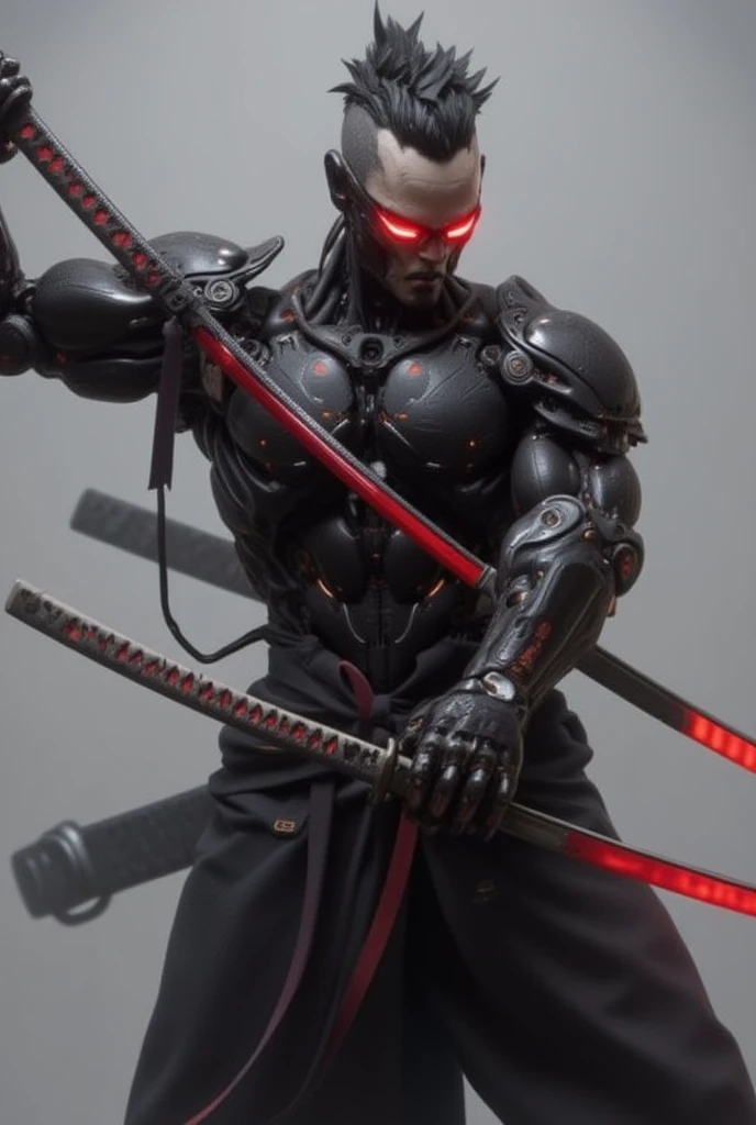 a masculine man with side shaved hair and wearing digital red glasses and cyberweres and armors, he fights in 3D motion perspective view, he is in a spatial depth of field fighting stance like a hero holding a red cyber katana in his hand, the camera angle is slightly from bellow, 