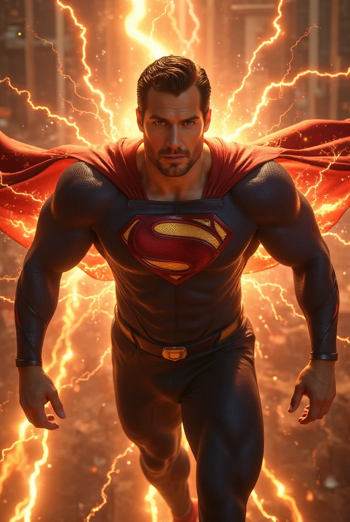 (masterpiece:1.2, Exceptional Quality, Mirror-like, Cinematic Experience, Best illustrations:2.0), Ultra-high resolution, Very detailed, 8k, wallpaper, (Super sexy man:0.5), (Super muscular:2.0), (h3nr4, Henry Cavil:2.0), (Superman:2.0), (Muscular Chest:2.0), (Elegant body:2.0), (Beautiful Eyes, Shining eyes, Detailed face, Short stubble, Beautiful skin texture:1.3, undercut haircut:1.3), (Beautiful male hands:2.0), (Fine hand:2.0), (Flying superhero pose:2.0), (Wearing a Superman suit:2.0), (In the background is a intense electrical discharges:2.0), (Super sexy:2.0), (Very muscular thighs:2.0), (Super functional:2.0), (Cyberpunk:2.0), (SF:2.0), (Visual Effects:2.0), (Upper body close-up:2.0), (dynamic:2.0), (Serious:2.0)