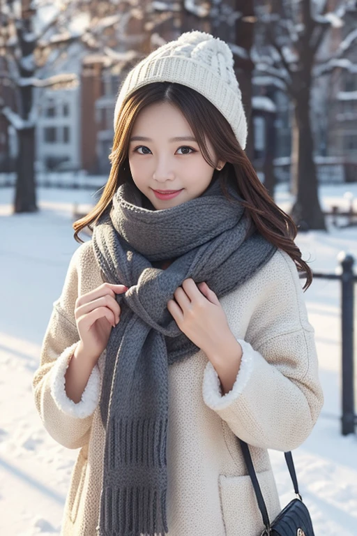 Snow Scene、 One Woman 、Warm coat 、 sweater、 scarf wrapped、It&#39;s winter、 viewer、 smiling、ring、Earrings、Open value f1 .2、Taken with a 200mm telephoto lens、Portrait Style、 high-definition face 、 anatomically correct finger below the screen、