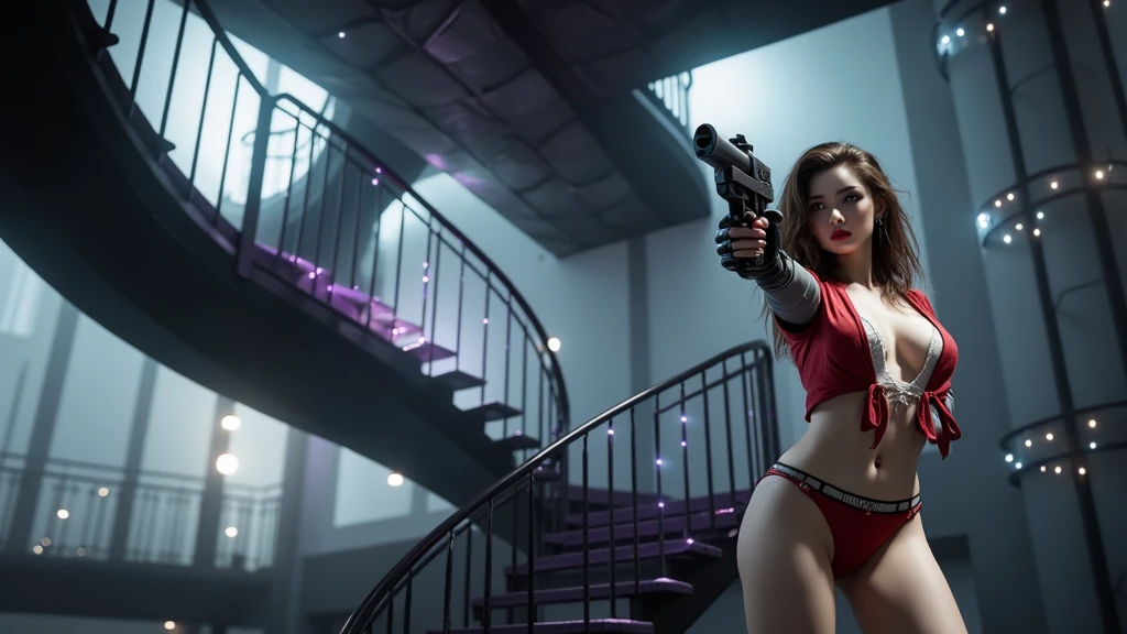 8k, masterpiece, RAW photo, best quality, photorealistic, extremely detailed CG unity 8k wallpaper, Depth of field, Cinematic Light, Lens Flare, Ray tracing, (extremely beautiful face, beautiful lips, beautiful eyes), intricate detail face, ((ultra detailed skin)), ((1girl:1.9)), ((alone:1.9)), ((seductively standing pose)), at night inside a grunge warehouse, deep shadow, (sharp focus), [((Raiana-Elizabeth-Dilla:1.9))], pretty girl, (very slim slender fit-muscled body:1.9), ((beautiful legs:1.4)), (big smile:1), (sexy ((see-through)) ((ultra-short ((red:1.2)) punk-style outfit))), (((dark scenery,nightlife,urbanlife))), (industrial decay,urban texture,mysterious and atmospheric,blurred edges,dusty atmosphere,loneliness and solitude), (blurred background:1.4), beautiful earrings, bracelets, necklace, red pendant, clear eyes, (pale skin), (face forward), ((whole-body-view)), ((full-body:1.8, cinematic shot)), soft lighting, (long black hairs), (looking at viewer:1.8), cleavage breasts, (large breasts:1.6), touching the breast, highly detailed, ultra realistic, extremely detailed and realistic ((red:1.2)) clothes.