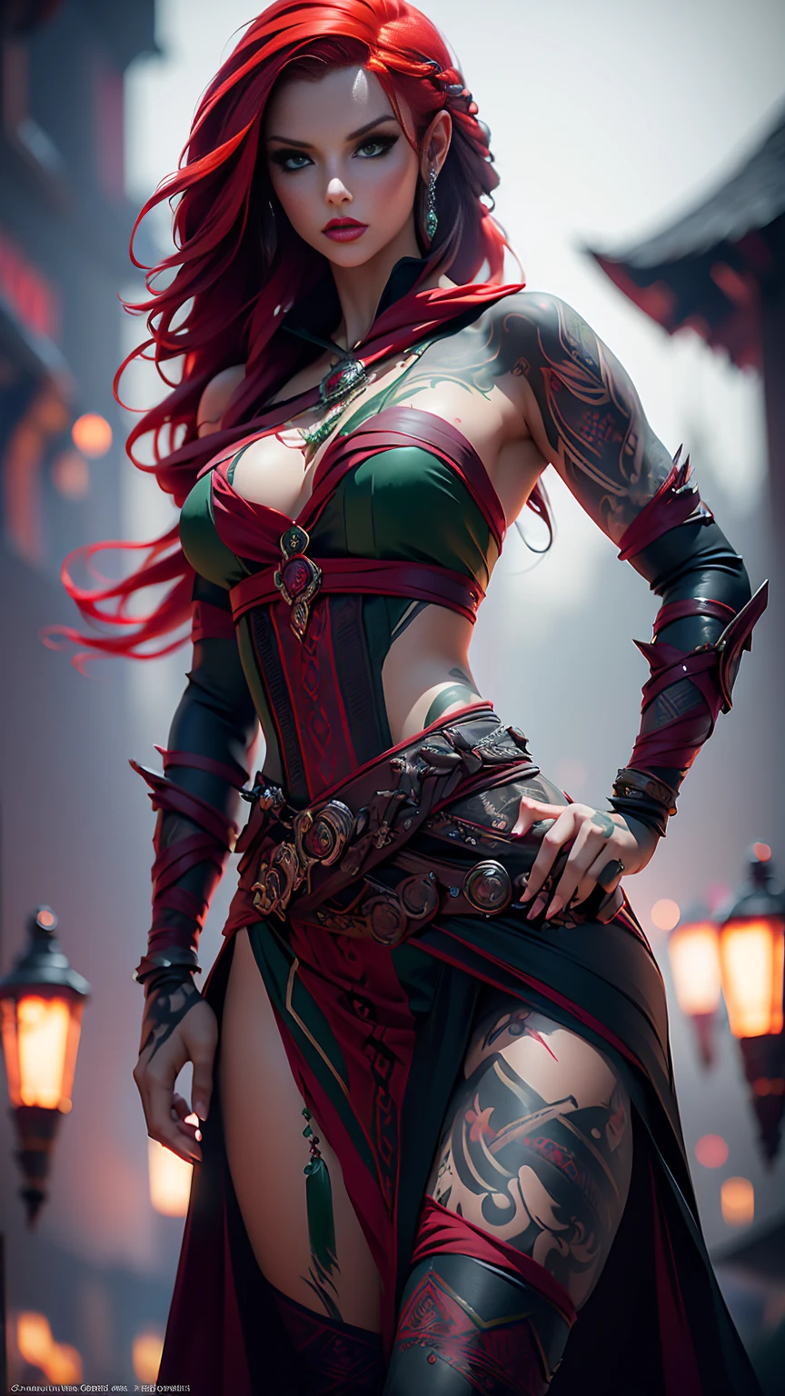 highly detailed, realistic, cinematic, masterpiece, medium full shot, an ultra hot gorgeous woman. thief. (red hair), (beautiful green seductive eyes), (tribal tattoo on hands), FaRo, Black, Red and Purple colors, Foggy fantasy city background, Graceful pose, (looking at viewer), (front view),(bokeh:1.2)