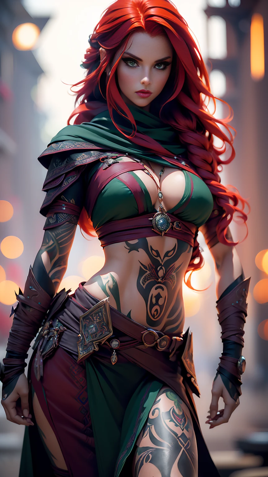 highly detailed, realistic, cinematic, masterpiece, medium full shot, an ultra hot gorgeous woman. thief. (red hair), (beautiful green seductive eyes), (tribal tattoo on hands), FaRo, Black, Red and Purple colors, Foggy fantasy city background, Graceful pose, (looking at viewer), (front view),(bokeh:1.2)