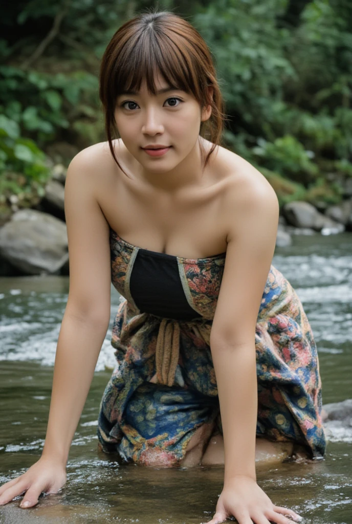 a woman sitting on a rock by a stream, wearing a black bikini top and denim shorts, holding a drink, natural setting with rocks and greenery, detailed facial features, extremely detailed eyes and face, photorealistic, masterpiece, high quality, 8k, realistic, cinematic lighting, warm color tones, beautiful detailed eyes, beautiful detailed lips, longeyelashes