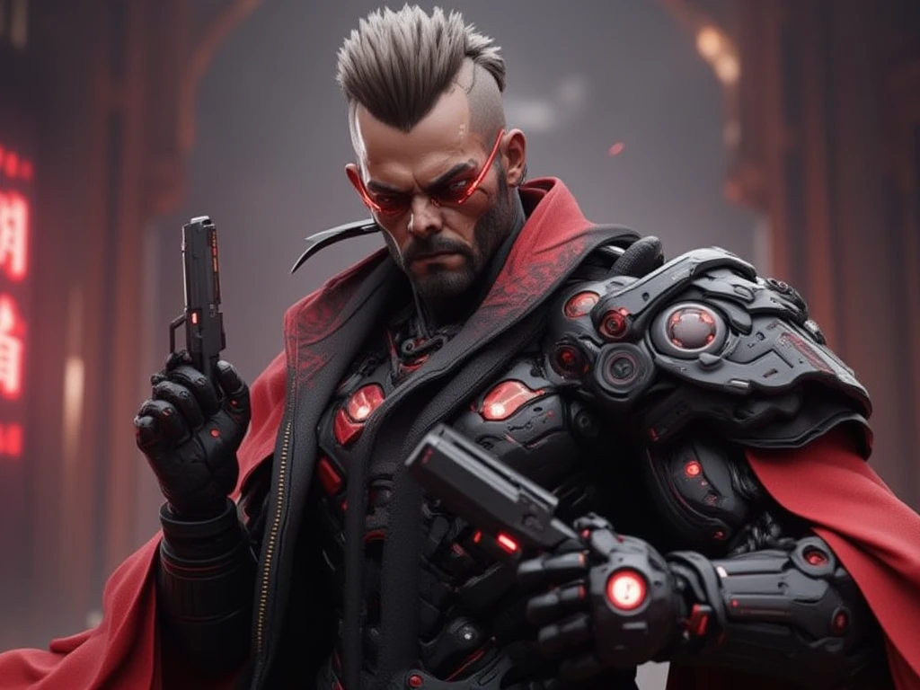 a masculine man with side shaved hair and wearing digital red glasses and cyberweres and armors, he posing like an heroic god in perspective view, he is in a spatial depth of field fighting stance like a hero holding a cyber pistols in his hands, the camera angle is slightly from bellow, Style is from Devil May Cty