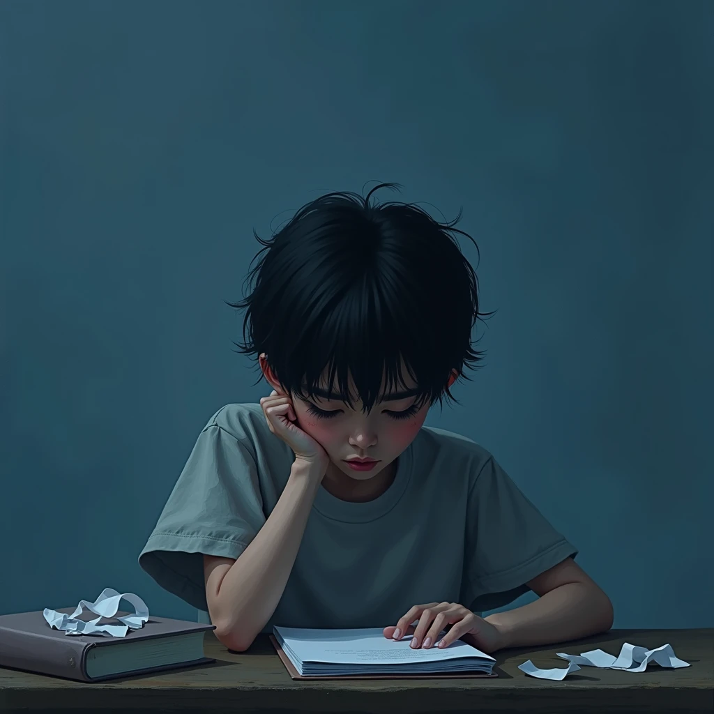 A boy lies in bed,Looking at the ceiling,Hold the phone in your right hand,In the upper left corner are homework and pens