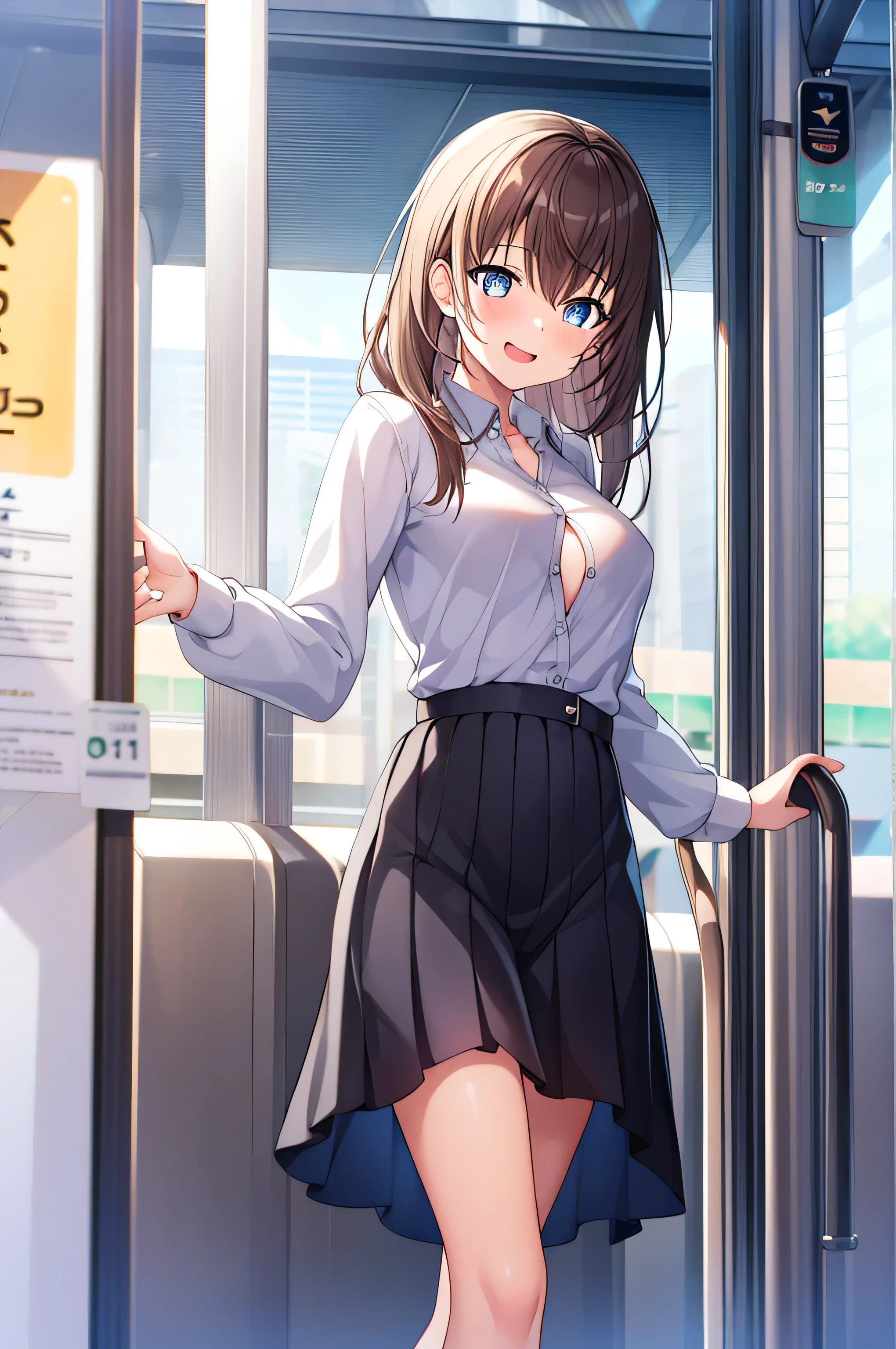  1 girl, nakaNo._future,   Unique , Scantily clad, ,  blue_ have eyes , brown_hair, Long_hair, hair_between_ have eyes , White_, _clothing, White_ Background and  , station，metro station，bus station，Watching_Shown in_ Use the following method to view viewerackground, shirt, sit, Deactivate_, Umbilical cord, No._OK, White shirt ,  use the following method to view viewerackground through bangs , Long_sleeve, Large target_, medium_,  open shirt, Blushing,Smile，Open your mouth，nipple，Protrusion of the nipple，肚Umbilical cord，