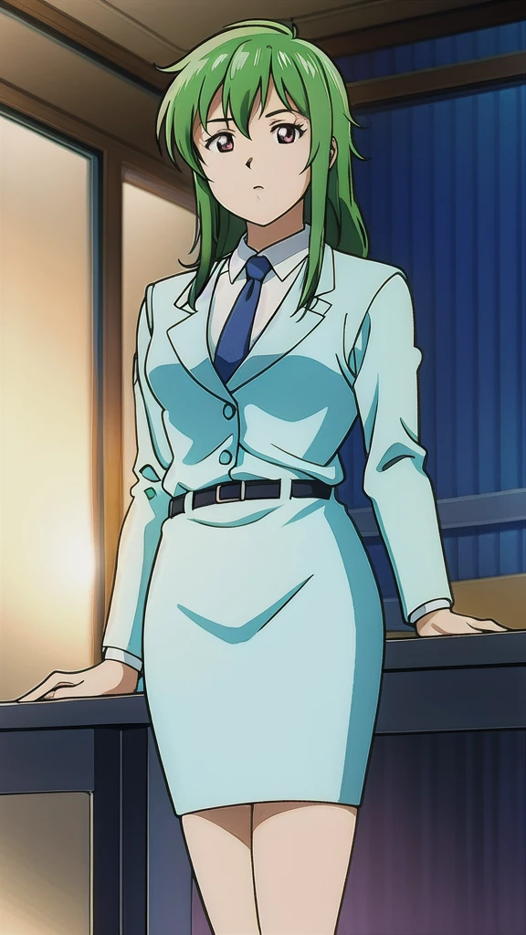  green hair、 long hair、bangs、悲しいface、Red Eyes、 Full Body Style 、Normal milk、 narrow waist 、Bare legs、 in a suit、 blue jacket , collared shirt 、 white shirt、 blue tie,belt, Blue Mini Pencil Skirt, black tights、White pumps、 Official Art, Extremely Detailed CG Unity 8K Wallpaper , perfect lighting, colorful , bright _ Front_face_光ing,  shiny skin, ( masterpiece:1.0),(Highest_quality:1.0), 超 high definition ,4K, super detailed,  photoshoot, 8k,  high definition ,  high definition ,  looking for something in an absurd :1.2,  Kodak Portra 400,  Film Grain,  blurry background, Bokeh:1.2,  lens flare , ( vibrant _ color:1.2),Professional photography,Anime Images、