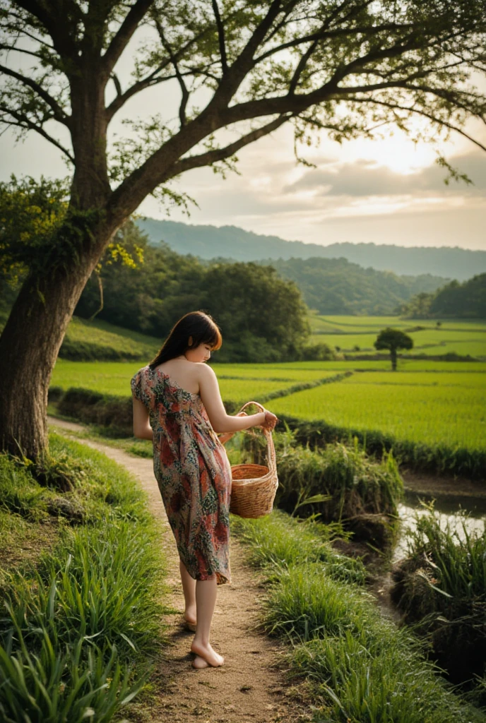 a woman walking along a path in a rural setting, carrying a basket, wearing a patterned dress, lush green fields, small stream, photorealistic, masterpiece, highly detailed, cinematic lighting, warm color tones, natural environment, serene atmosphere, peaceful countryside scene, beautiful landscape, soft focus, intricate details, realistic textures, natural lighting