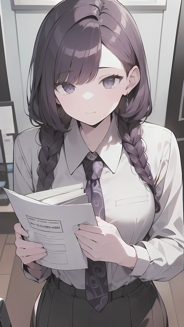 (((Best quality, 8k, Masterpiece: 1.3)), ((best quality)), ((masterpiece)), (detailed), perfect face, perfect body, (detailed skin:1.3), (intricate details), purple hair, side braid, Paisley tie, grey suit, Administrative Assistant, White-Collar Worker, Holding documents, meeting