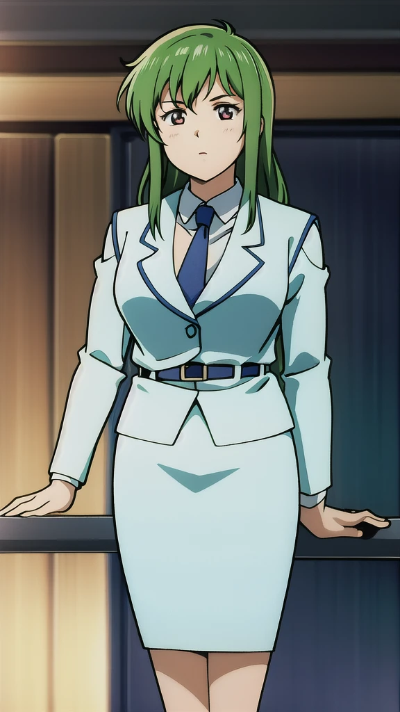  green hair、 long hair、bangs、悲しいface、Red Eyes、 Full Body Style 、Normal milk、 narrow waist 、Bare legs、 in a suit、 blue jacket , collared shirt 、 white shirt、 blue tie,belt, Blue Mini Pencil Skirt, black tights、White pumps、 Official Art, Extremely Detailed CG Unity 8K Wallpaper , perfect lighting, colorful , bright _ Front_face_光ing,  shiny skin, ( masterpiece:1.0),(Highest_quality:1.0), 超 high definition ,4K, super detailed,  photoshoot, 8k,  high definition ,  high definition ,  looking for something in an absurd :1.2,  Kodak Portra 400,  Film Grain,  blurry background, Bokeh:1.2,  lens flare , ( vibrant _ color:1.2),Professional photography,Anime Images、